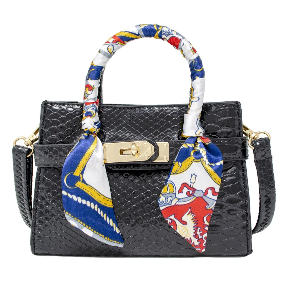 Black Crocodile Patent Scarf Handbag