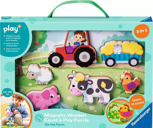 Play+ On the Farm Magnetic Wooden Count & Play Puzzle