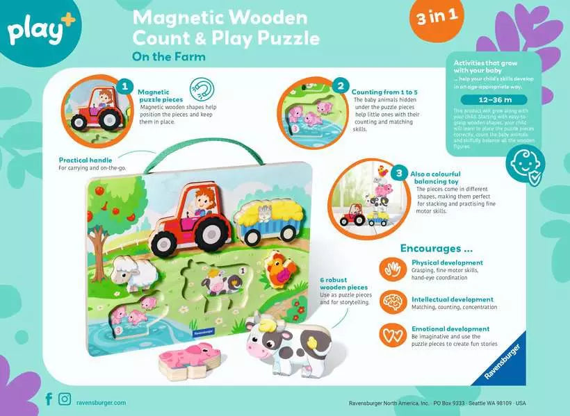 Play+ On the Farm Magnetic Wooden Count & Play Puzzle