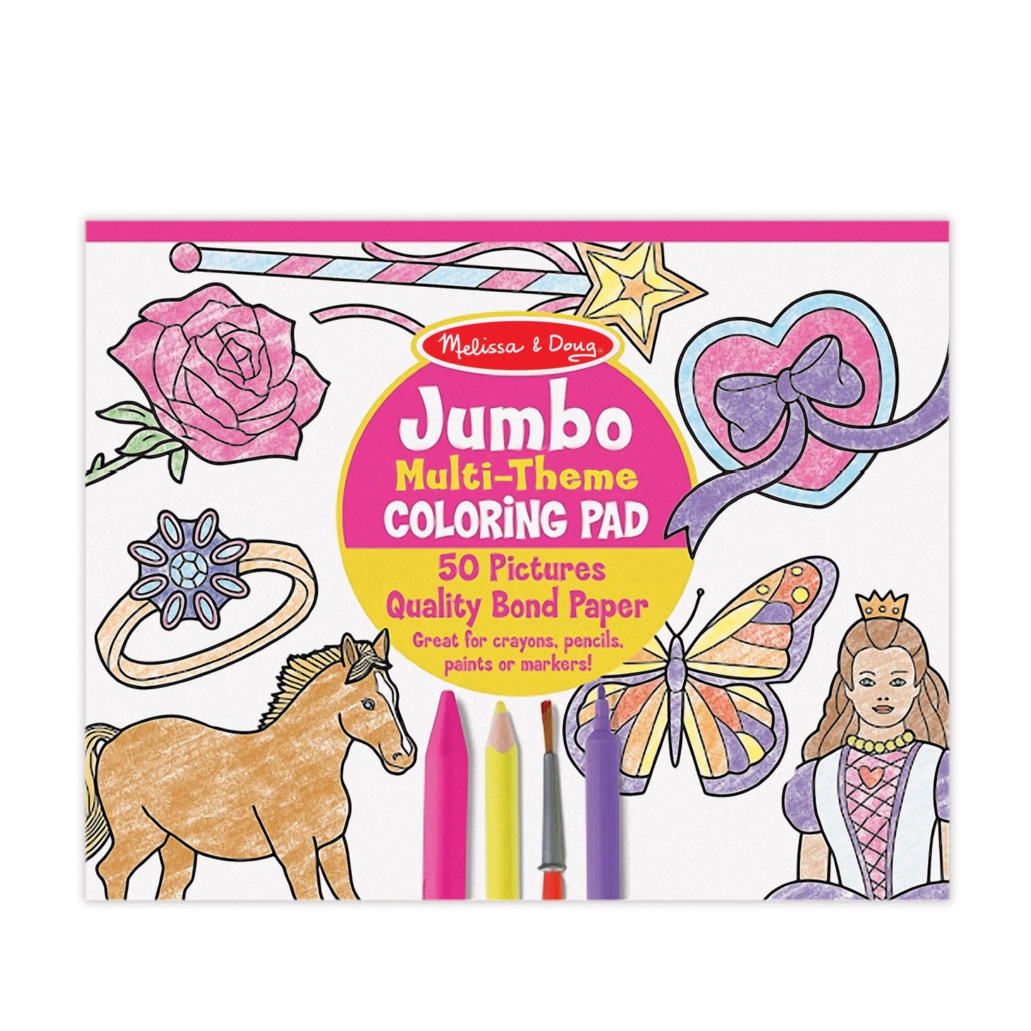 Jumbo 50-Page Kids Coloring Pad Horses, Hearts, Flowers, and More
