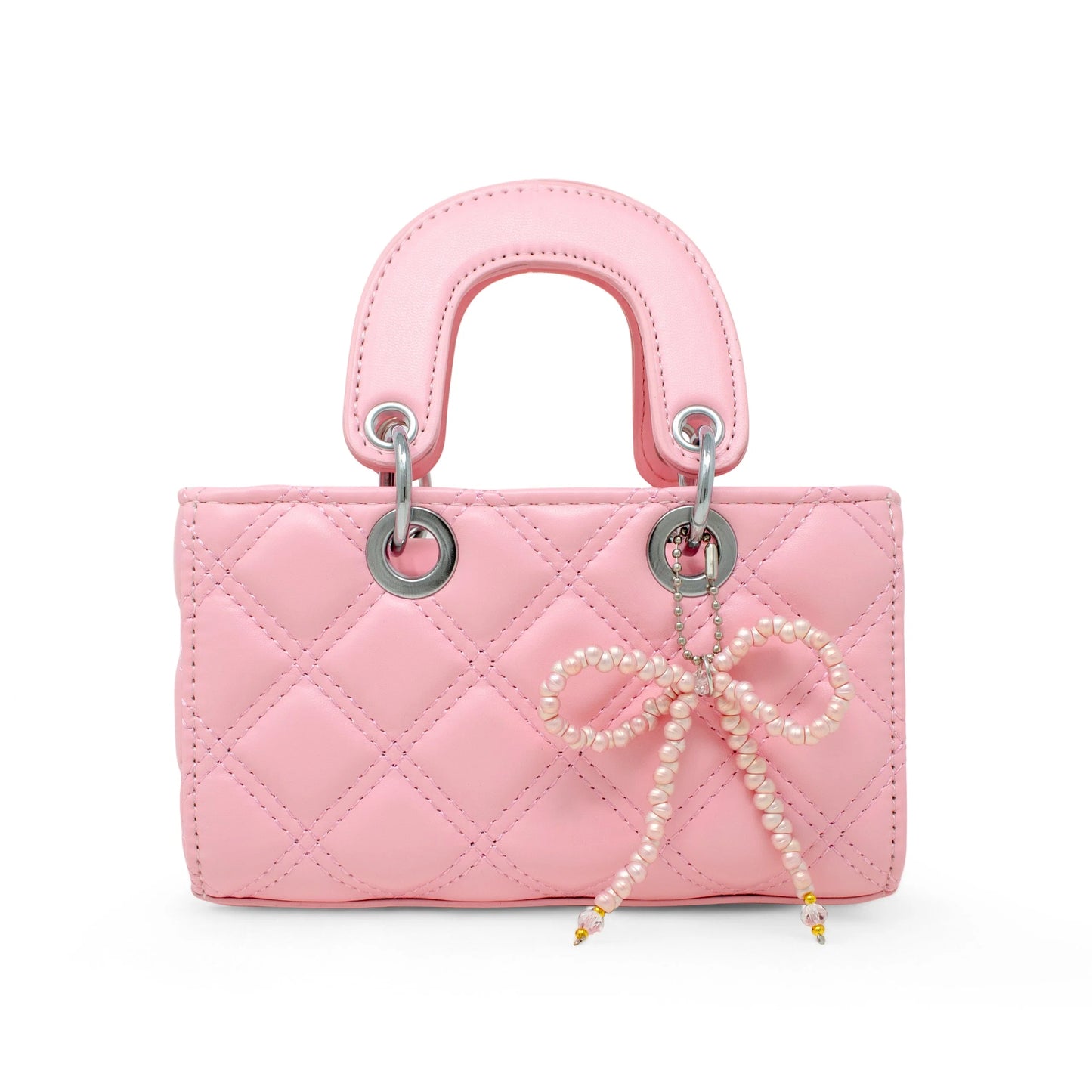 Pink Quilted Rectangle Bow Charm Handbag