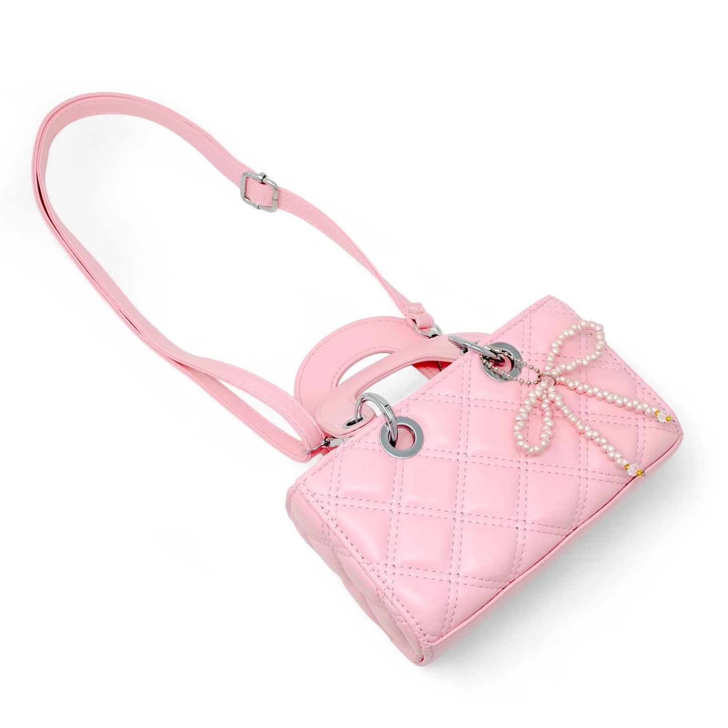 Pink Quilted Rectangle Bow Charm Handbag
