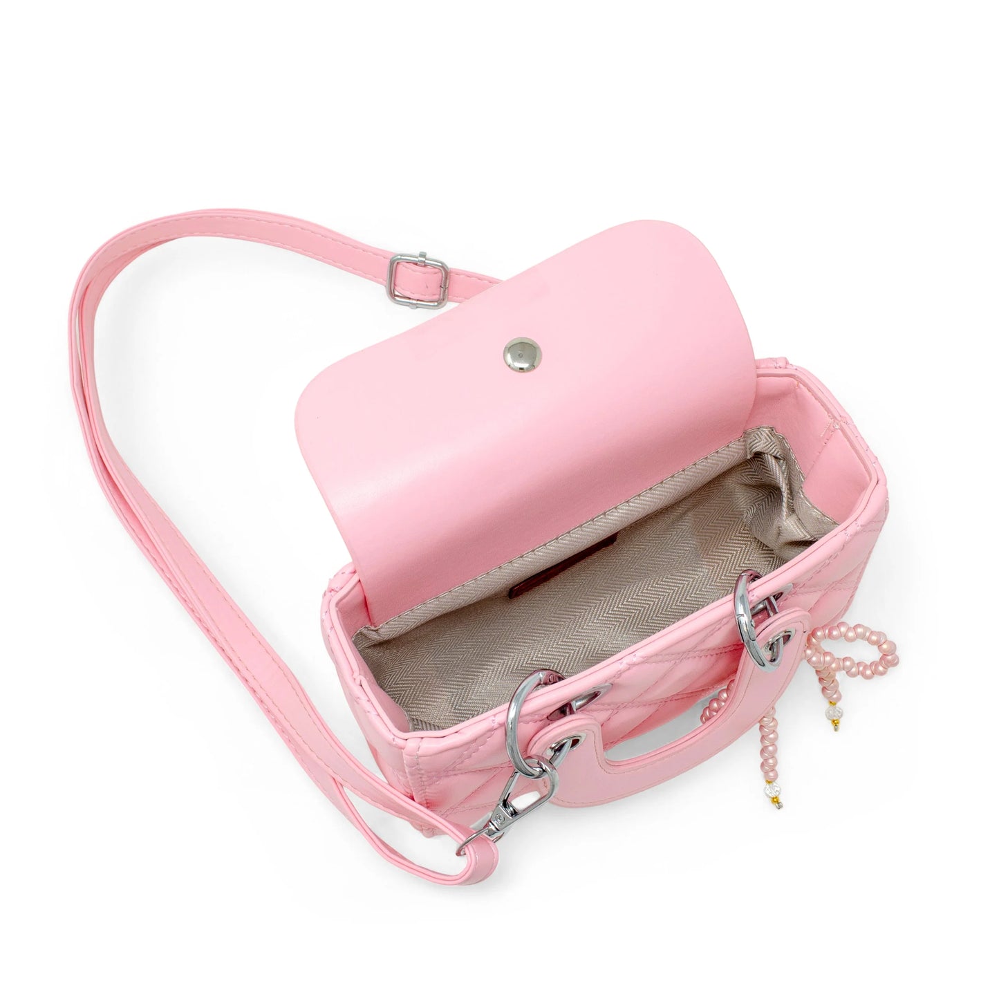 Pink Quilted Rectangle Bow Charm Handbag