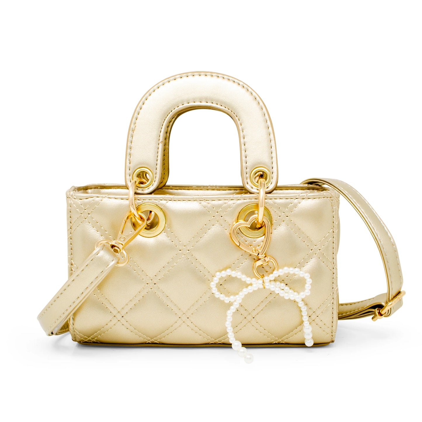 Gold Quilted Rectangle Bow Charm Handbag