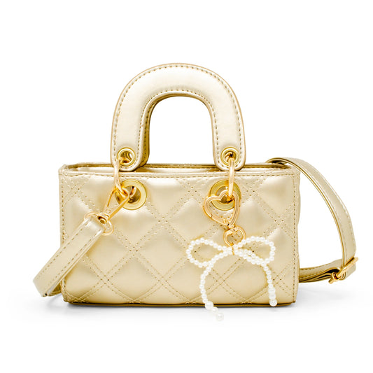 Gold Quilted Rectangle Bow Charm Handbag