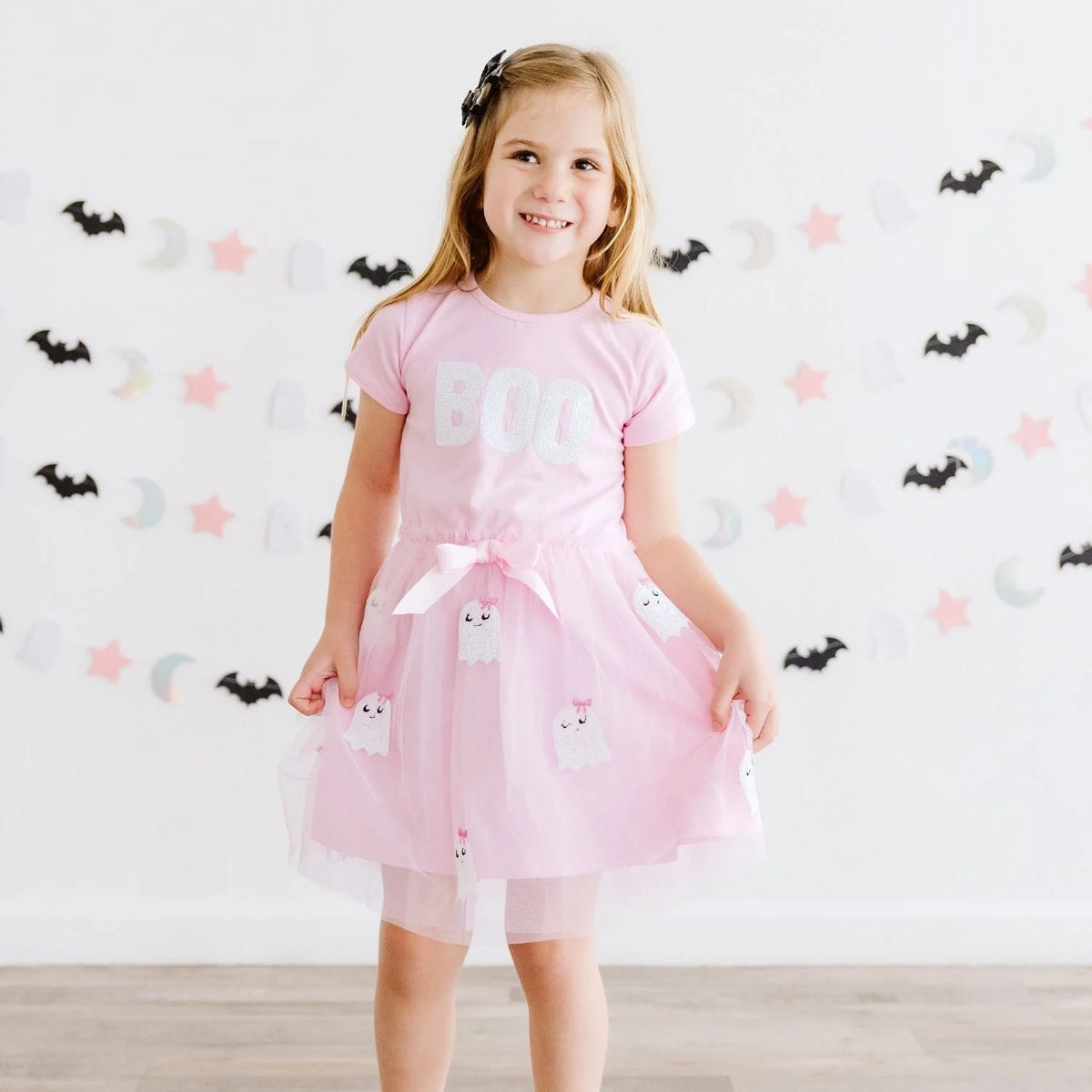 Boo Sequin Patch Halloween Short Sleeve Tutu Dress