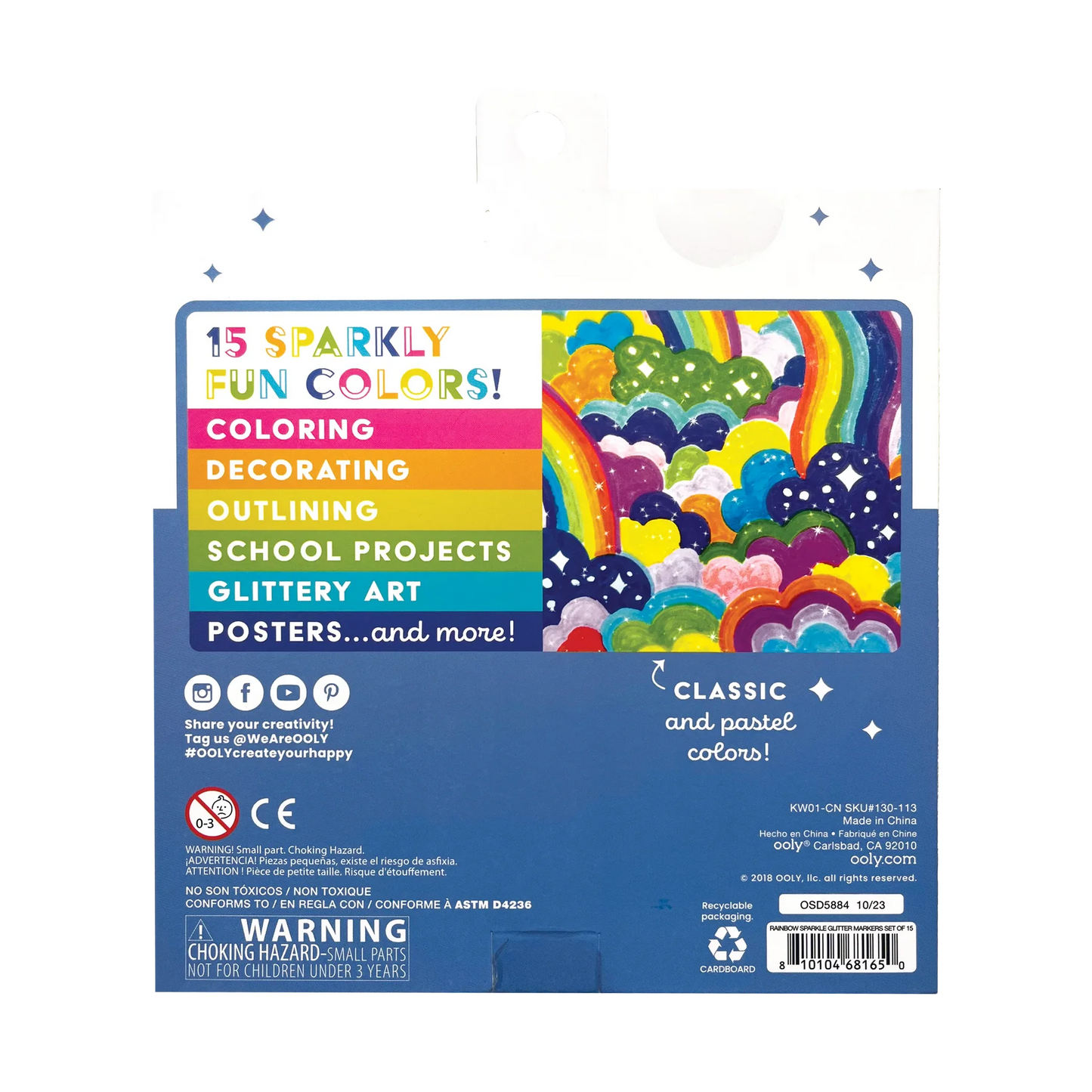 Rainbow Sparkle Glitter Markers Set of 15
