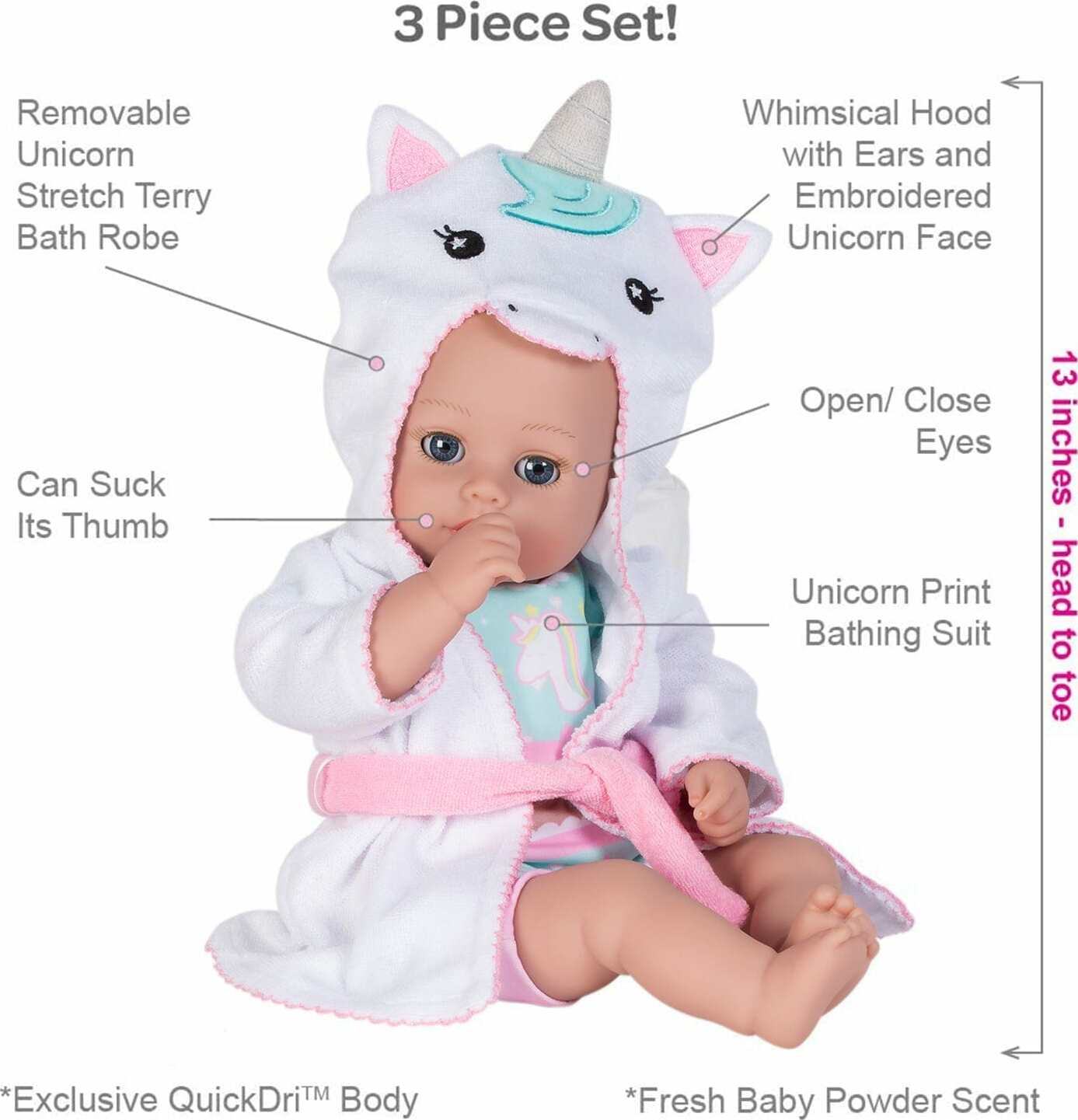 BathTime Unicorn Baby Doll, Doll Clothes & Accessories Set